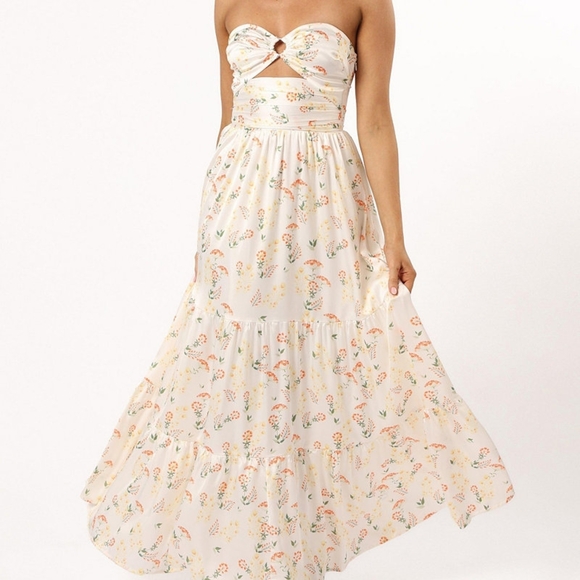 Petal & Pup Dresses & Skirts - Petal & Pup Cream Strapless Floral Maxi Dress